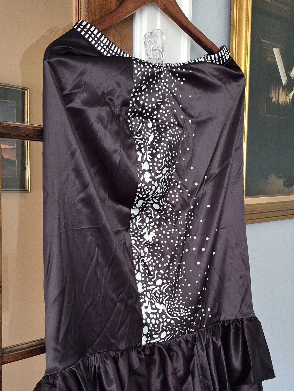 Black Satin Skirt with White Abstract Print